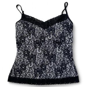 y2k caché black & white contrast floral lace print cami with lace trim